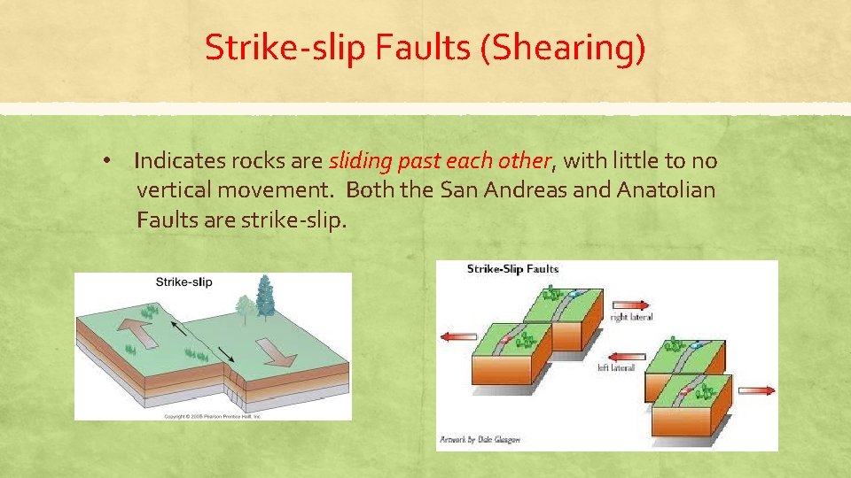 Strike-slip Faults (Shearing) • Indicates rocks are sliding past each other, with little to