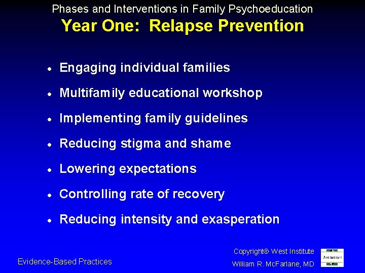 Phases and Interventions in Family Psychoeducation Year One: Relapse Prevention · Engaging individual families