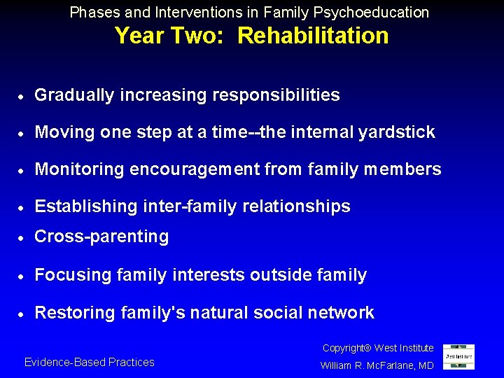 Phases and Interventions in Family Psychoeducation Year Two: Rehabilitation · Gradually increasing responsibilities ·