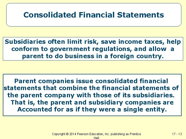 Consolidated Financial Statements Subsidiaries often limit risk, save income taxes, help conform to government