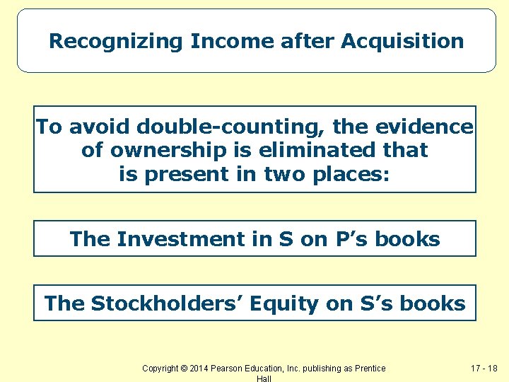 Recognizing Income after Acquisition To avoid double-counting, the evidence of ownership is eliminated that