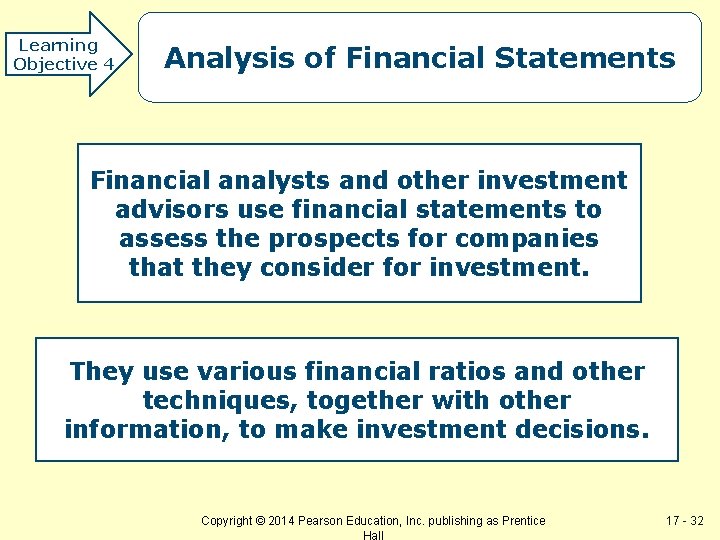 Learning Objective 4 Analysis of Financial Statements Financial analysts and other investment advisors use