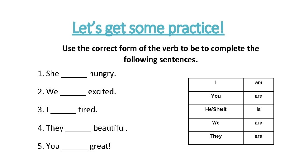 Let’s get some practice! Use the correct form of the verb to be to