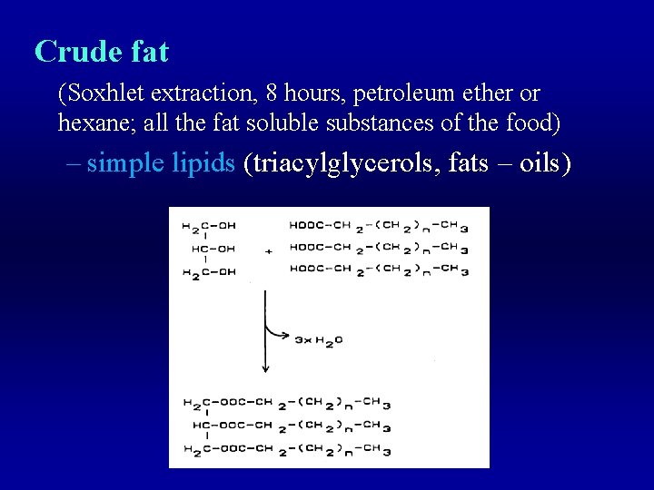 Crude fat (Soxhlet extraction, 8 hours, petroleum ether or hexane; all the fat soluble