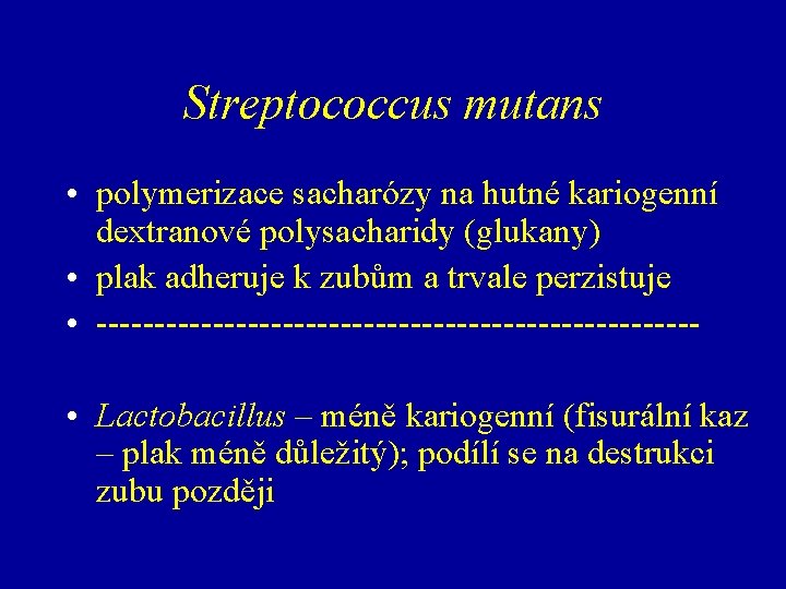 Streptococcus mutans • polymerizace sacharózy na hutné kariogenní dextranové polysacharidy (glukany) • plak adheruje
