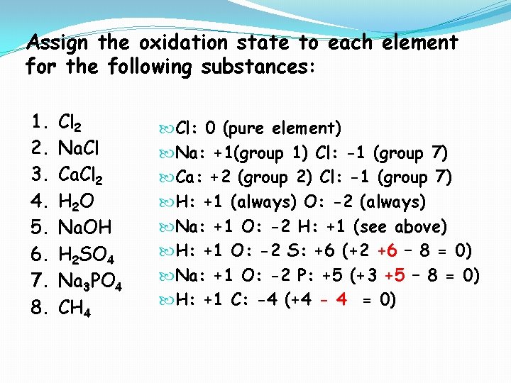 Assign the oxidation state to each element for the following substances: 1. 2. 3.