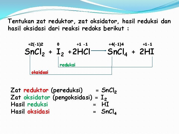 Tentukan zat reduktor, zat oksidator, hasil reduksi dan hasil oksidasi dari reaksi redoks berikut