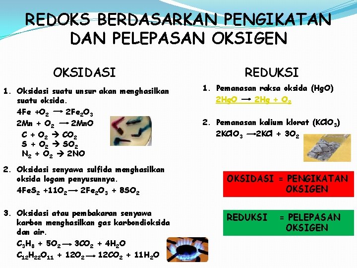 REDOKS BERDASARKAN PENGIKATAN DAN PELEPASAN OKSIGEN OKSIDASI 1. Oksidasi suatu unsur akan menghasilkan suatu