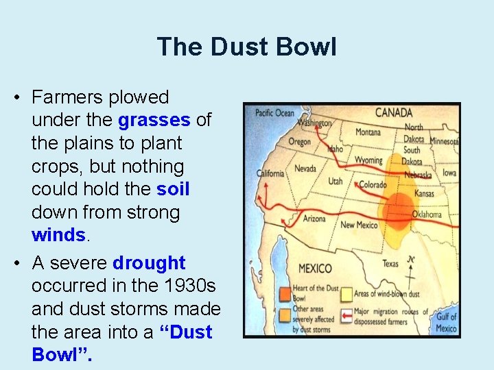 The Dust Bowl • Farmers plowed under the grasses of the plains to plant