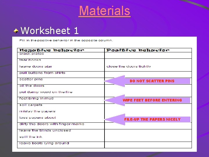 Materials Worksheet 1 DO NOT SCATTER PINS WIPE FEET BEFORE ENTERING FILE-UP THE PAPERS