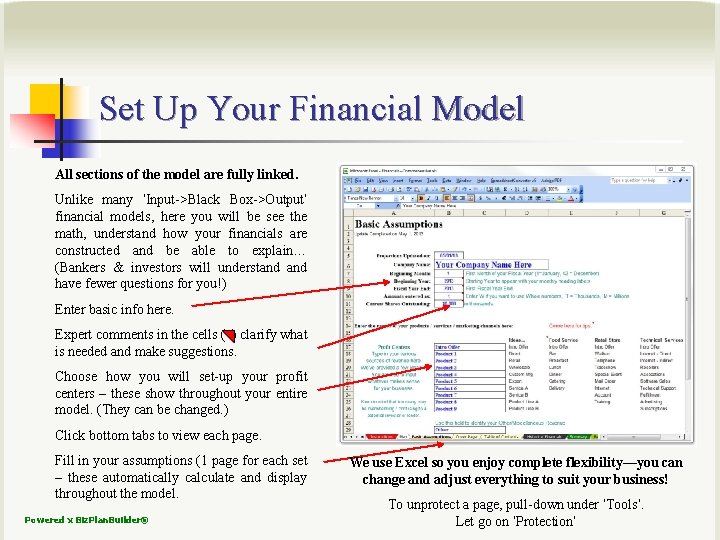 Set Up Your Financial Model All sections of the model are fully linked. Unlike