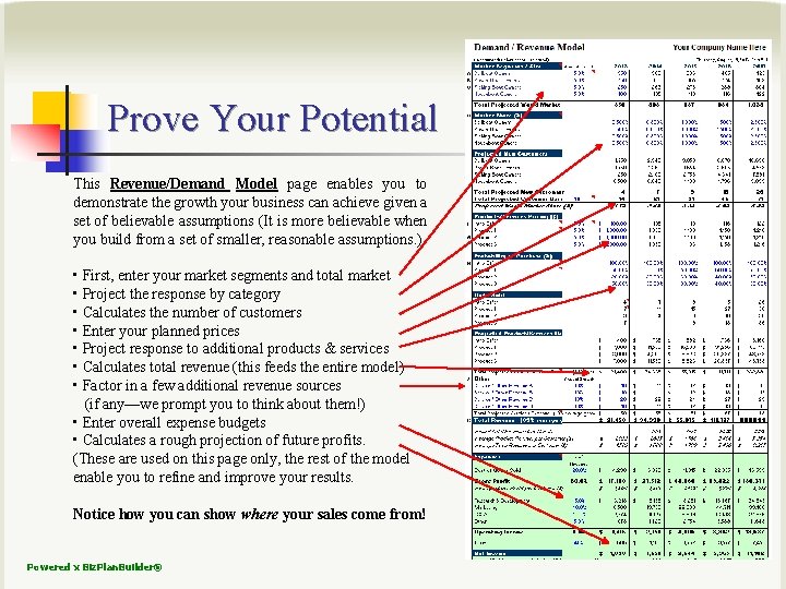 Prove Your Potential This Revenue/Demand Model page enables you to demonstrate the growth your