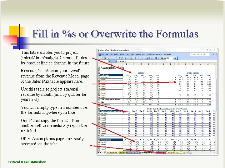 Fill in %s or Overwrite the Formulas This table enables you to project (intend/drive/budget)