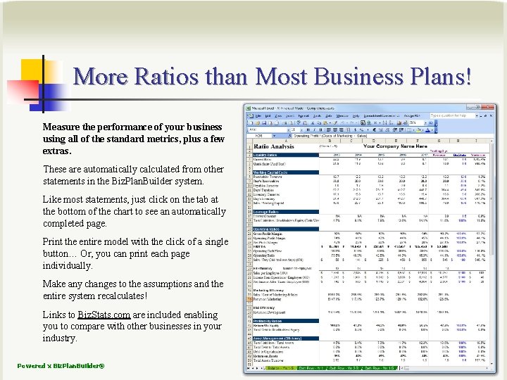 More Ratios than Most Business Plans! Measure the performance of your business using all