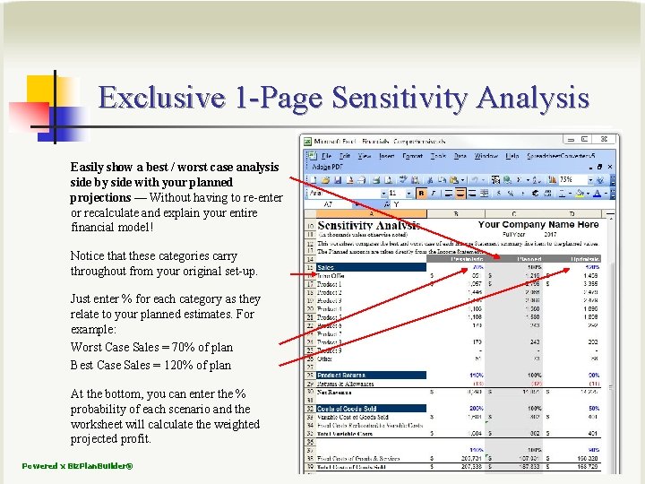 Exclusive 1 -Page Sensitivity Analysis Easily show a best / worst case analysis side