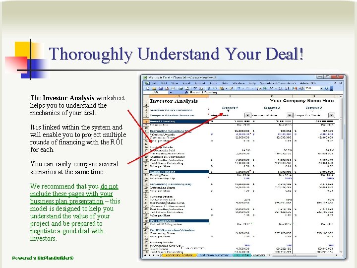 Thoroughly Understand Your Deal! The Investor Analysis worksheet helps you to understand the mechanics