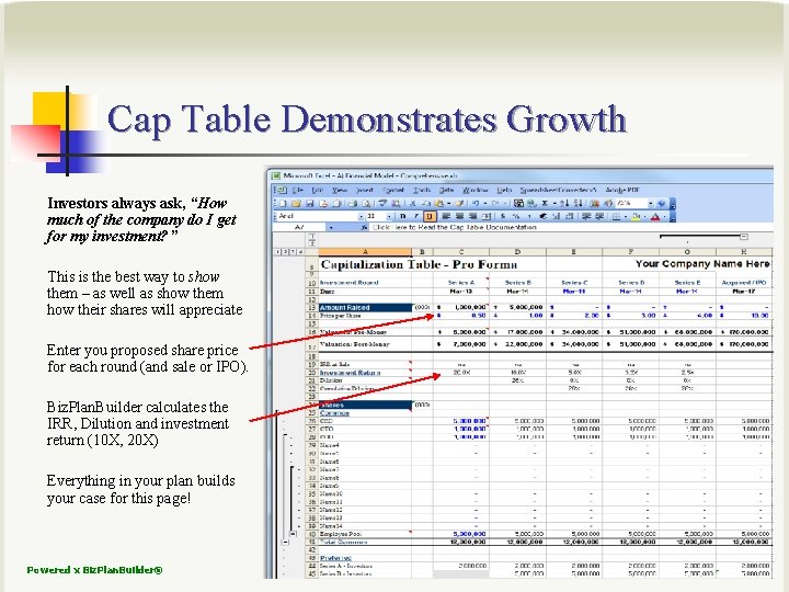 Cap Table Demonstrates Growth Investors always ask, “How much of the company do I