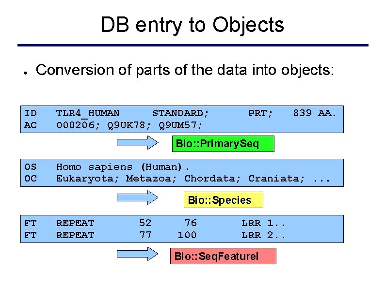 DB entry to Objects ● Conversion of parts of the data into objects: ID