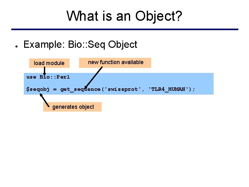 What is an Object? ● Example: Bio: : Seq Object load module new function