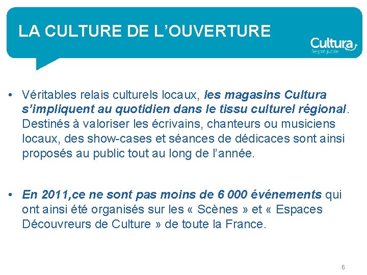 LA CULTURE DE L’OUVERTURE • Véritables relais culturels locaux, les magasins Cultura s’impliquent au