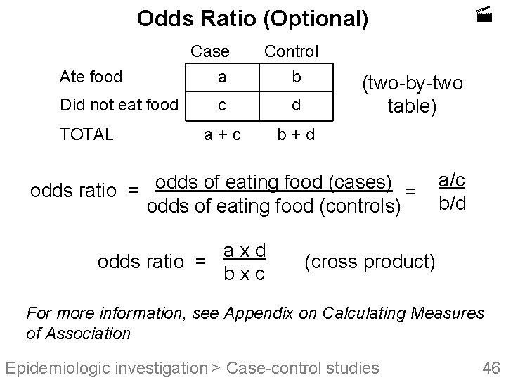  Odds Ratio (Optional) Ate food Did not eat food TOTAL Case a Control