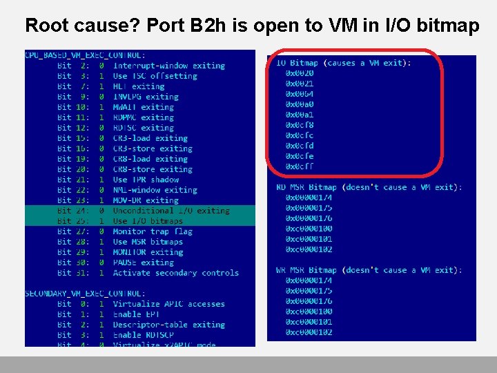 Root cause? Port B 2 h is open to VM in I/O bitmap 