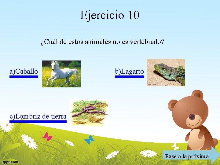 Ejercicio 10 ¿Cuál de estos animales no es vertebrado? a)Caballo b)Lagarto c)Lombriz de tierra