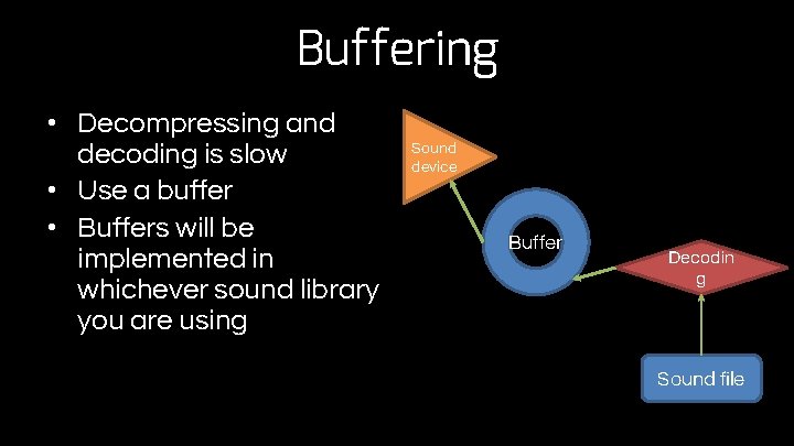 Buffering • Decompressing and decoding is slow • Use a buffer • Buffers will