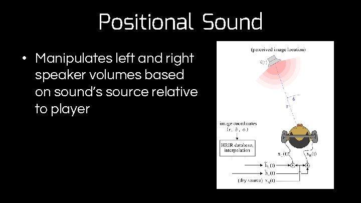 Positional Sound • Manipulates left and right speaker volumes based on sound’s source relative