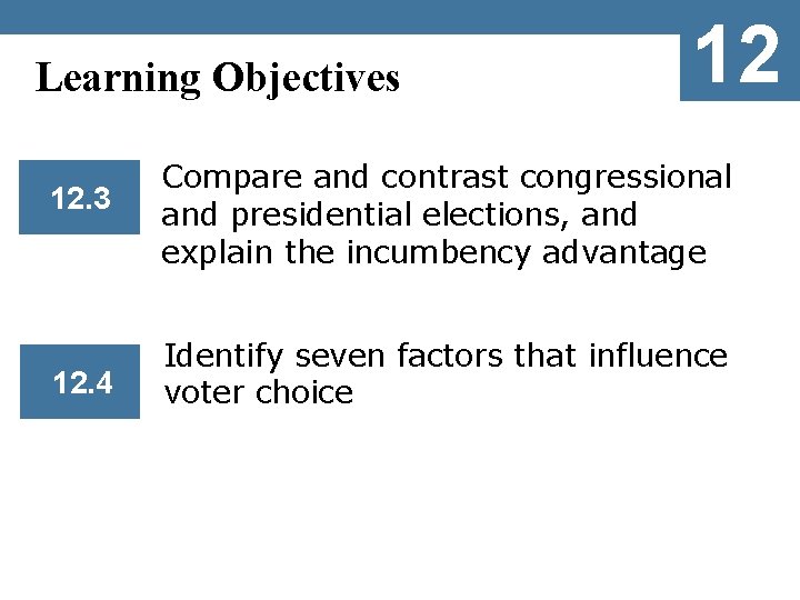 Learning Objectives 12 12. 3 Compare and contrast congressional and presidential elections, and explain