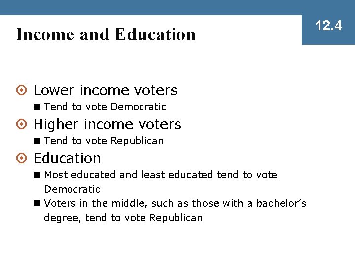 Income and Education ¤ Lower income voters n Tend to vote Democratic ¤ Higher