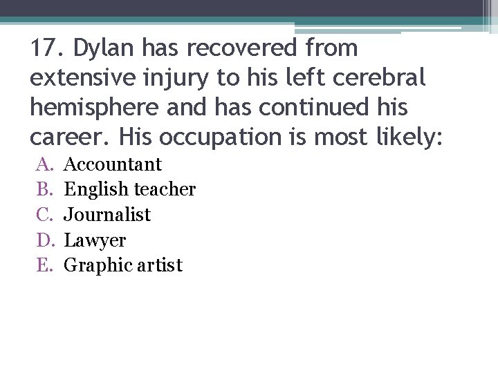 17. Dylan has recovered from extensive injury to his left cerebral hemisphere and has