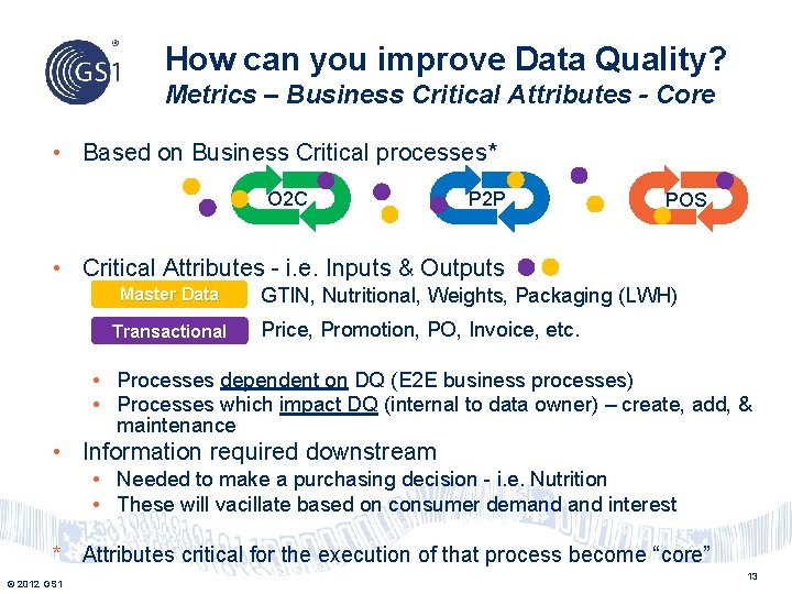 How can you improve Data Quality? Metrics – Business Critical Attributes - Core •