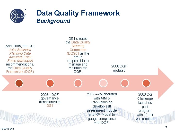 Data Quality Framework Background GS 1 created the Data Quality Steering Committee (DQSC) as