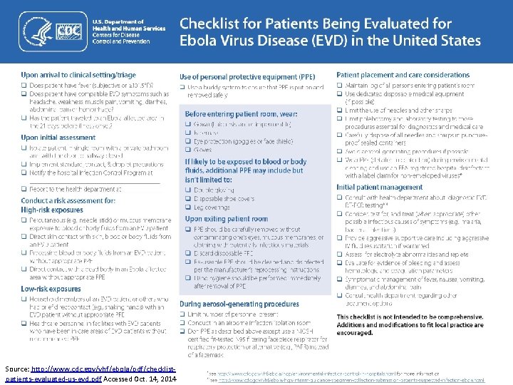 Source: http: //www. cdc. gov/vhf/ebola/pdf/checklistpatients-evaluated-us-evd. pdf Accessed Oct. 14, 2014 