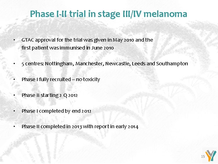 Phase I-II trial in stage III/IV melanoma • GTAC approval for the trial was