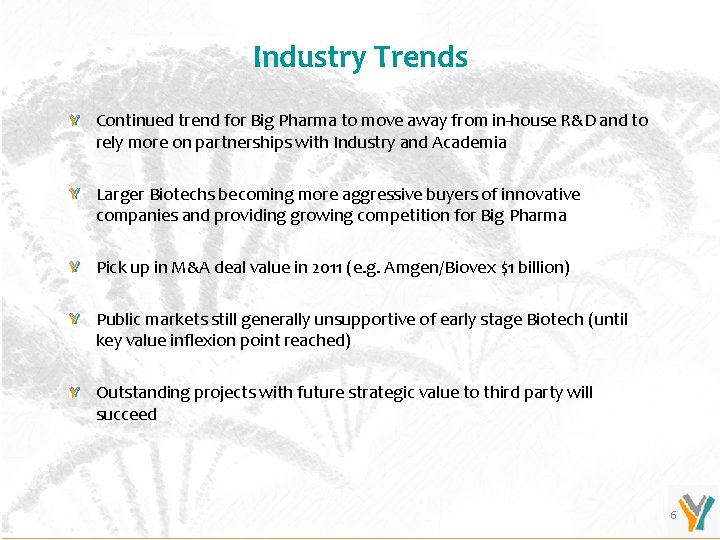 Industry Trends Continued trend for Big Pharma to move away from in-house R&D and