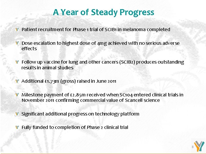 A Year of Steady Progress Patient recruitment for Phase 1 trial of SCIB 1