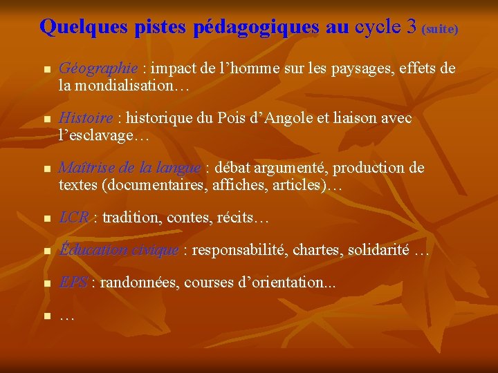 Quelques pistes pédagogiques au cycle 3 (suite) Géographie : impact de l’homme sur les