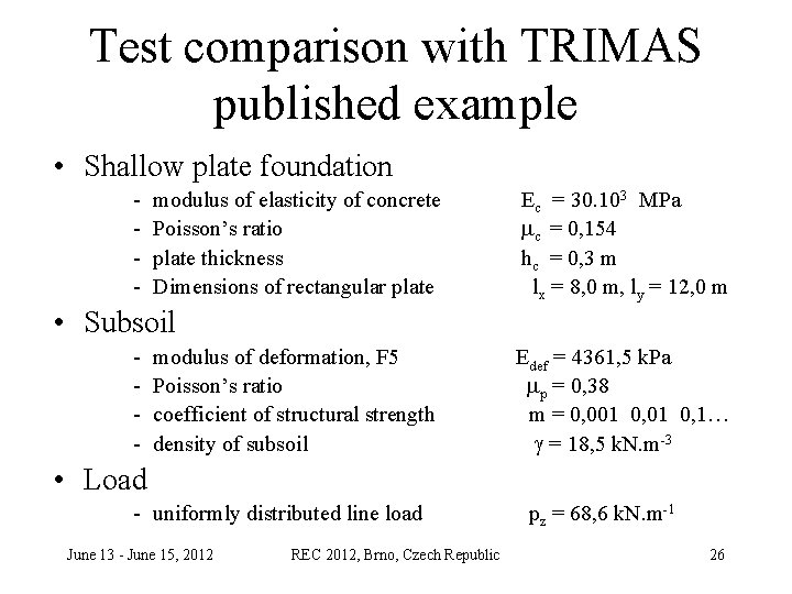 Test comparison with TRIMAS published example • Shallow plate foundation - modulus of elasticity