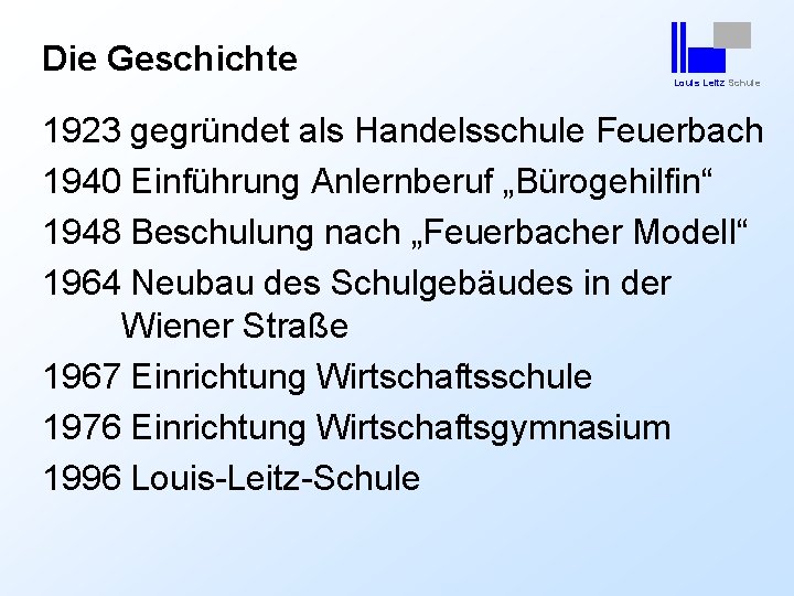 Die Geschichte Louis Leitz Schule 1923 gegründet als Handelsschule Feuerbach 1940 Einführung Anlernberuf „Bürogehilfin“