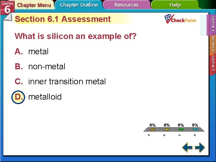 Section 6. 1 Assessment What is silicon an example of? A. metal B. non-metal