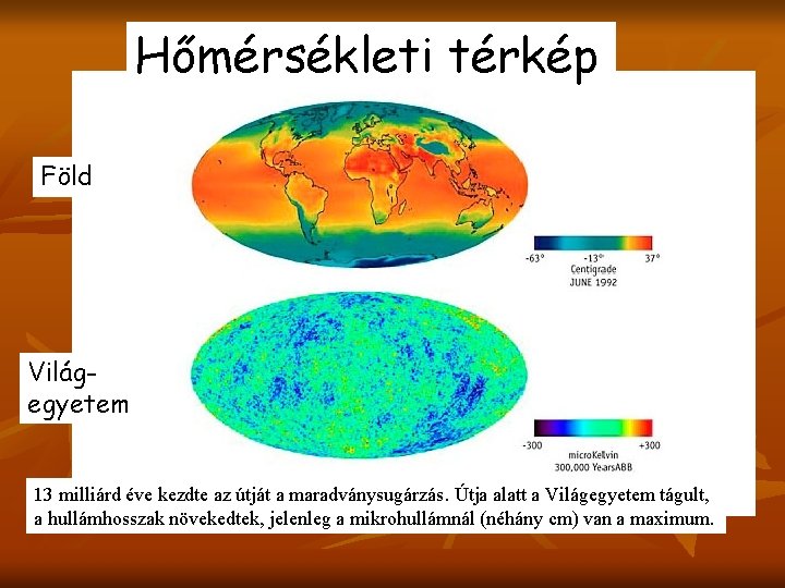 Hőmérsékleti térkép Föld Világegyetem 13 milliárd éve kezdte az útját a maradványsugárzás. Útja alatt