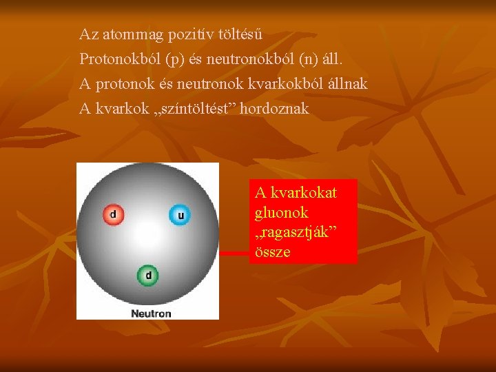 Az atommag pozitív töltésű Protonokból (p) és neutronokból (n) áll. A protonok és neutronok