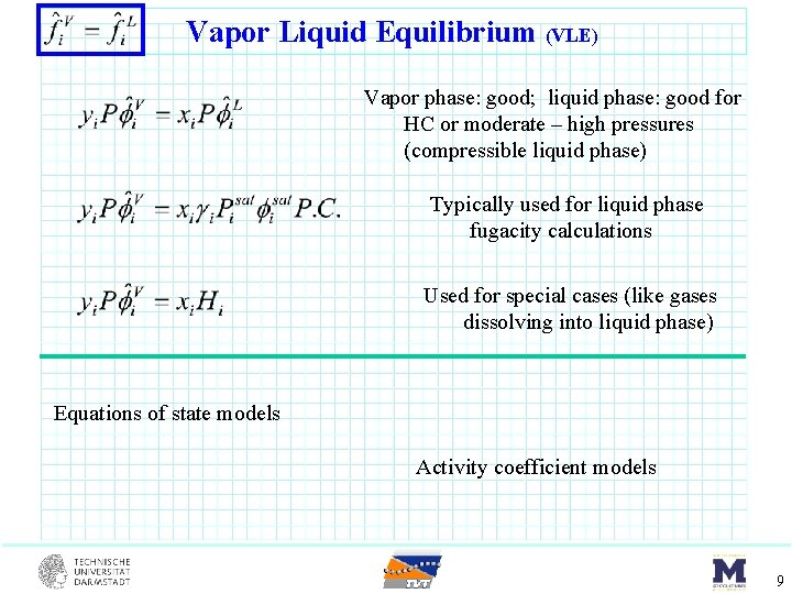Vapor Liquid Equilibrium (VLE) Vapor phase: good; liquid phase: good for HC or moderate