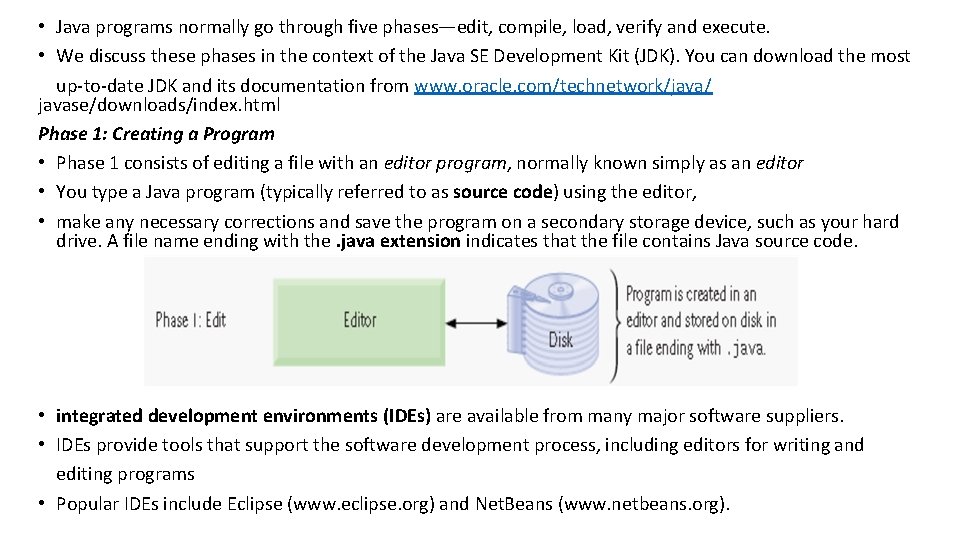  • Java programs normally go through five phases—edit, compile, load, verify and execute.