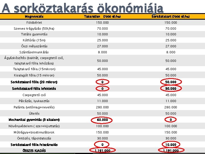 A sorköztakarás ökonómiája Megnevezés Takaratlan (7000 tő/ha) Sorköztakart (7000 tő/ha) Földbérlet 150. 000 Szerves