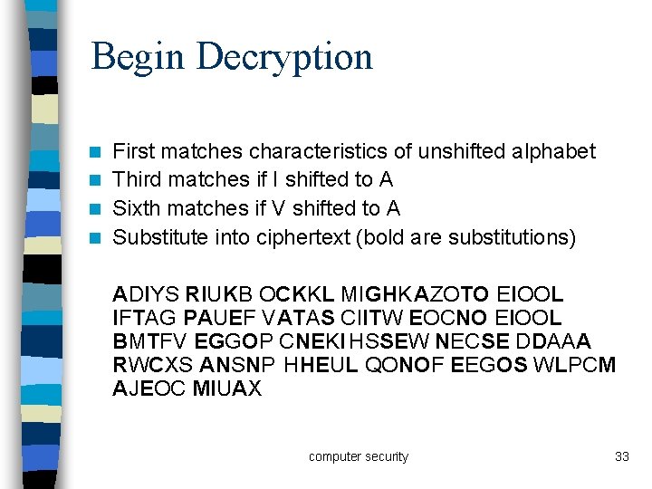 Begin Decryption First matches characteristics of unshifted alphabet n Third matches if I shifted