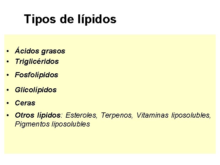 Tipos de lípidos • Ácidos grasos • Triglicéridos • Fosfolípidos • Glicolípidos • Ceras