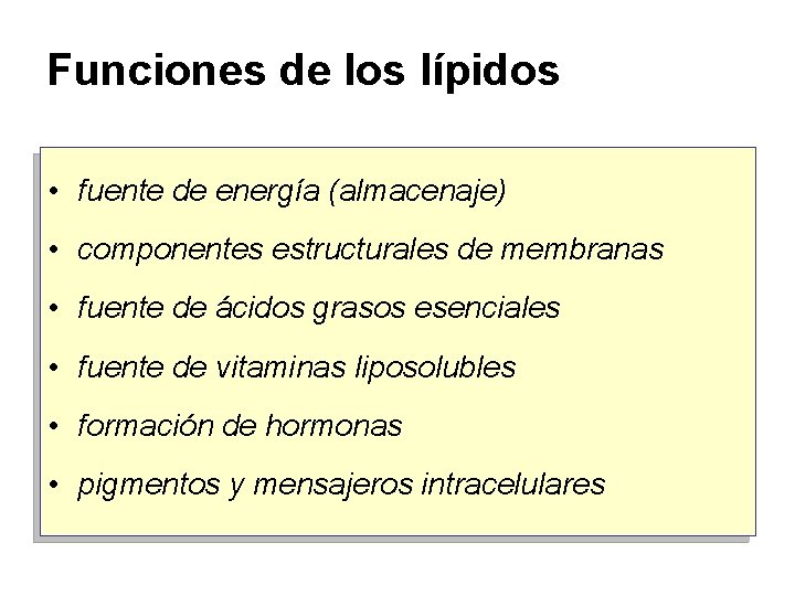 Funciones de los lípidos • fuente de energía (almacenaje) • componentes estructurales de membranas